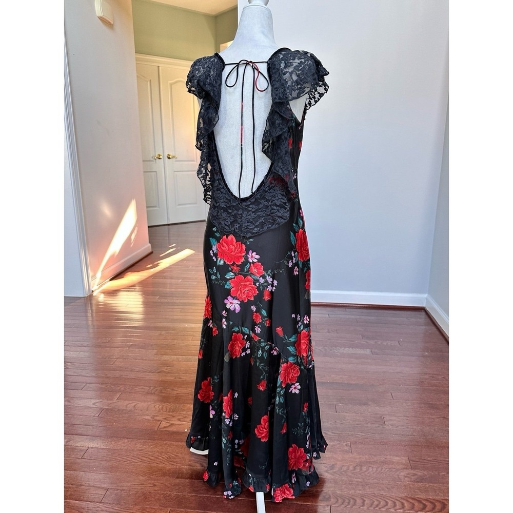 NWT Free People Warm Hearts Open Back Lace Trim Midi Dress‎ Black Floral Rose - Picture 5 of 12